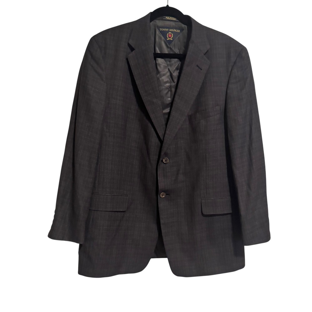 Tommy Hilfiger Mens 44R Dark Gray Brown Black Plaid Jacketβ Blazer Dress Coat